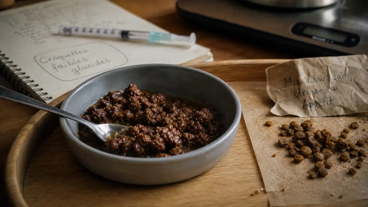 Alimentation chat diabétique : repas fractionnés, pâtée faible glucides et croquettes