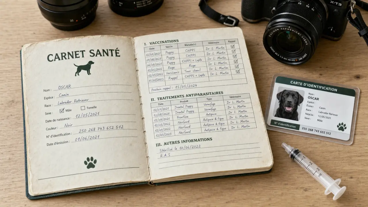 Carnet de santé chien ouvert sur une table, carte et documents vétérinaires