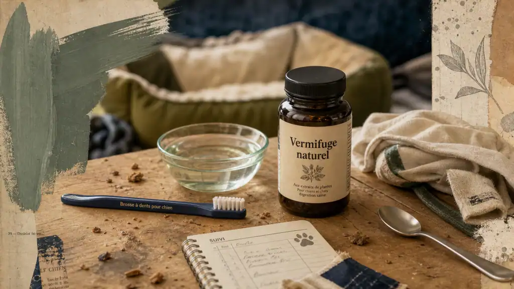 Chien vermifuge naturel : flacon, bol d’eau et suivi digestif du chien