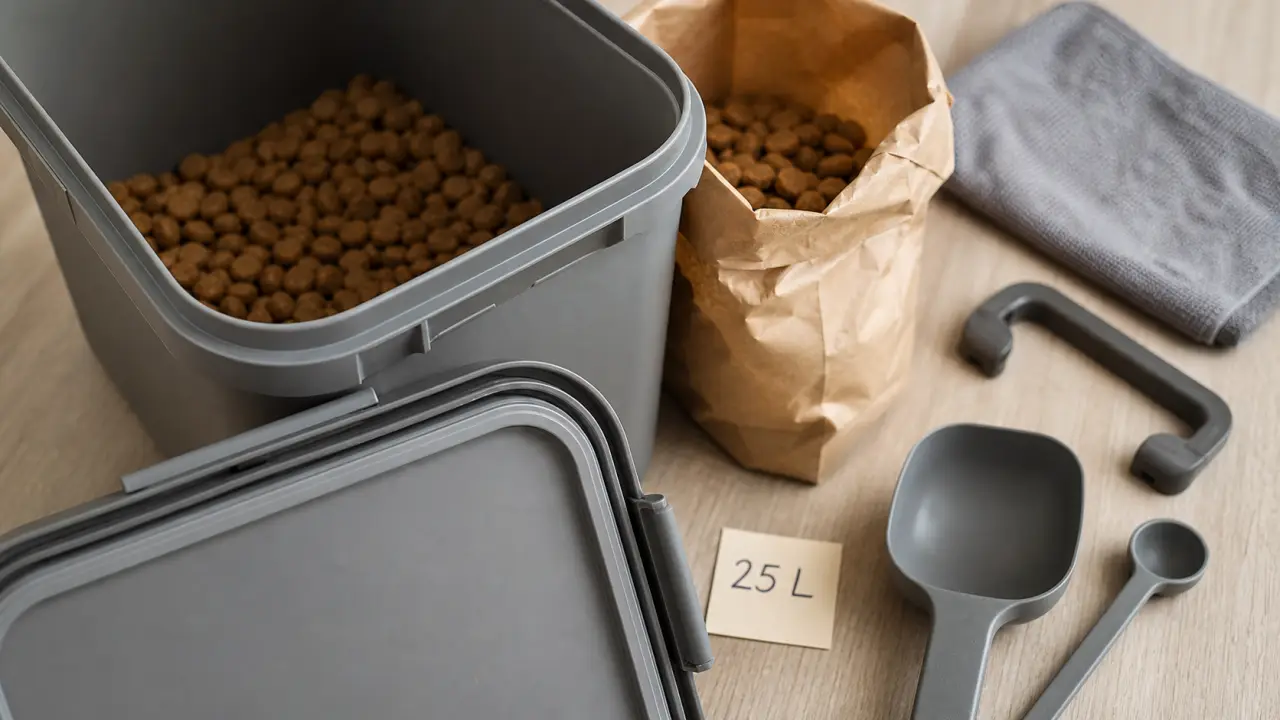 Conteneur à croquettes chien 25 L hermétique, ouvert avec pelle et doseur