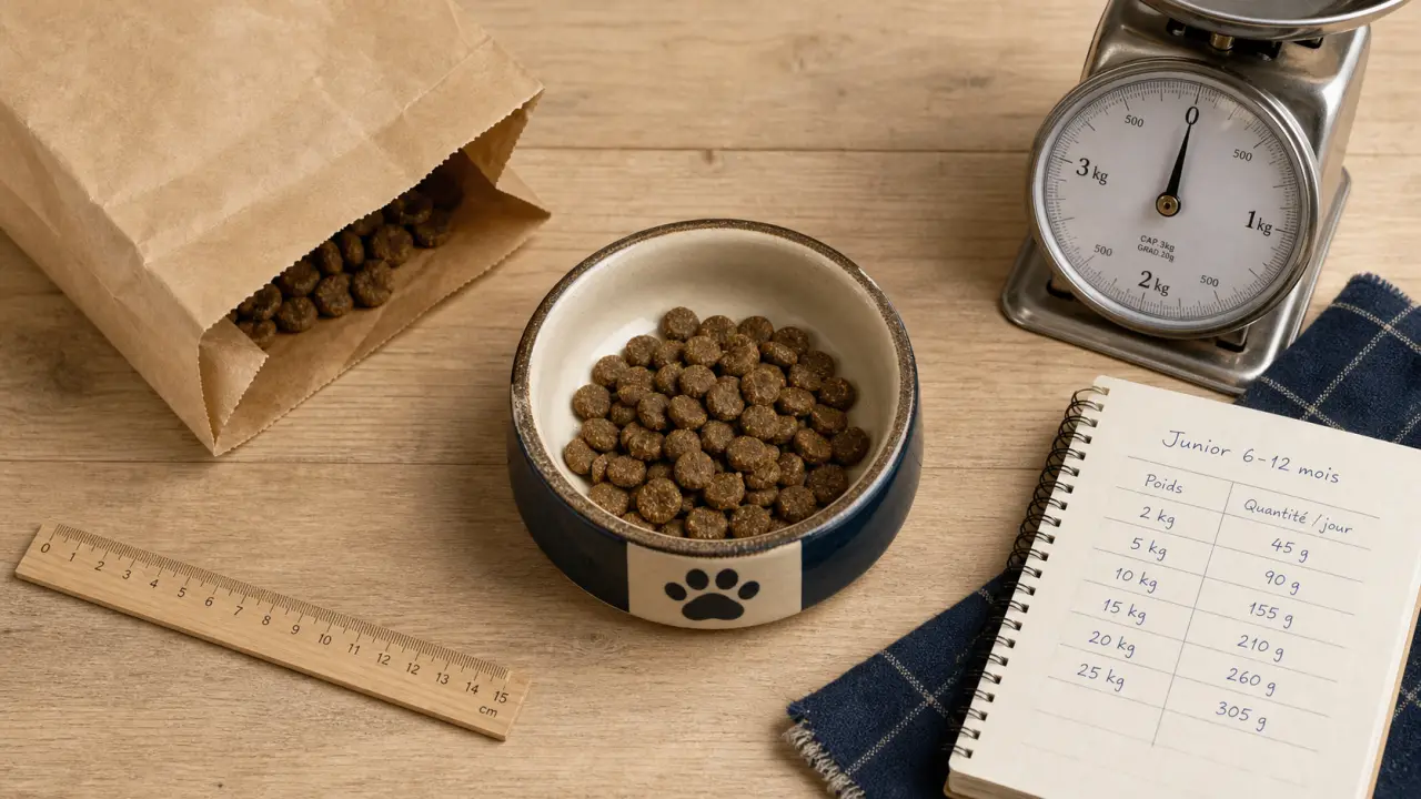 Croquettes chien junior : bol et croquettes sur table bois, choix selon âge et digestion