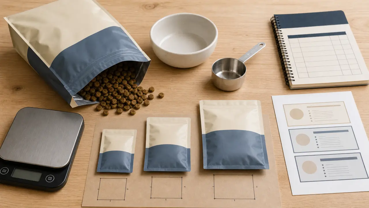 Croquettes pour chien advance : sac ouvert, bol et doseuse sur table bois