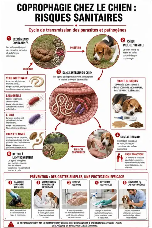 Infographie sur les risques sanitaires et zoonoses liés au fait qu'un chien mange du caca