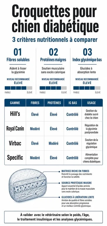 Infographie comparative des croquettes pour chien diabétique : critères nutritionnels et marques recommandées