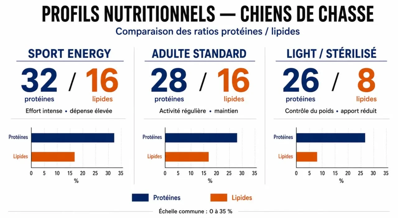 Infographie comparative des ratios protéines et lipides dans les croquettes pour chien de chasse