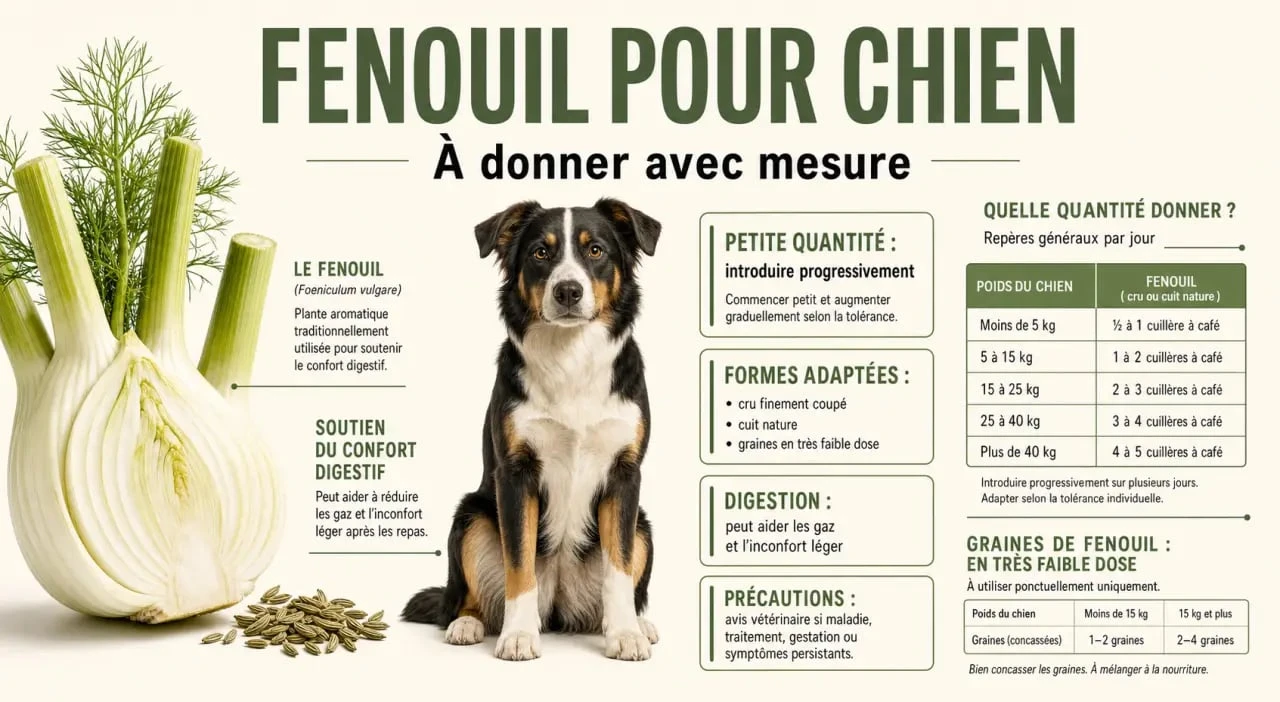 Infographie fenouil chien : bienfaits digestifs, dosage et précautions