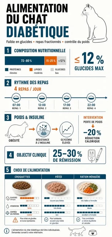 Infographie sur l’alimentation chat diabétique avec comparaison des formats alimentaires et repères de glucides