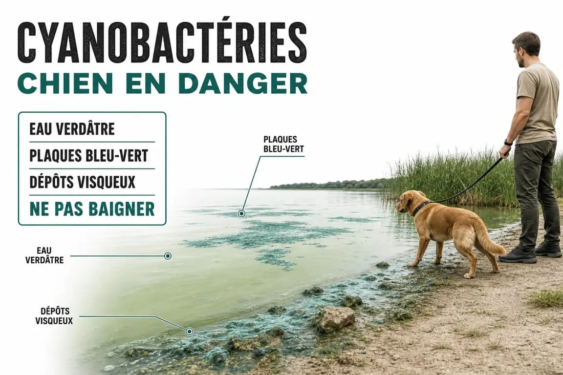 Cyanobactéries chien : illustration des signes visuels d’une eau suspecte avant baignade