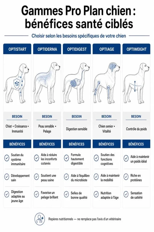Tableau comparatif des gammes de croquettes Pro Plan pour chien selon les besoins nutritionnels