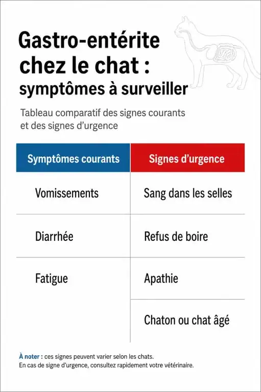 Tableau comparatif des symptômes et signes d'urgence de la gastro du chat