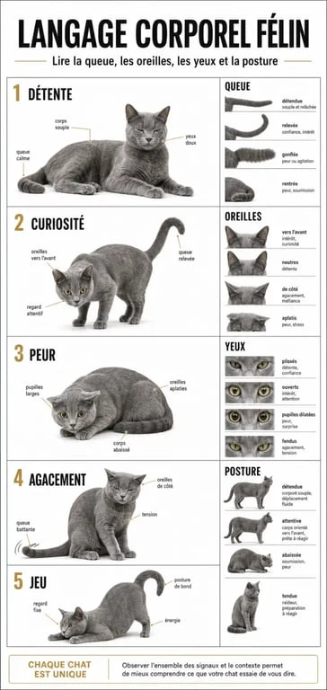 Infographie sur le chat et comportement : positions de queue, oreilles, yeux et postures pour interpréter détente, stress et jeu