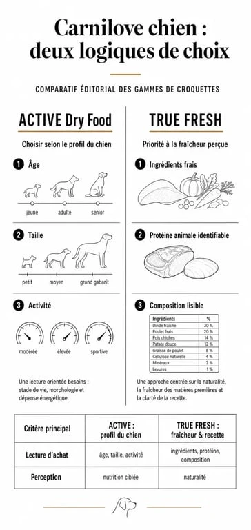 Infographie comparative sur les croquettes Carnilove chien entre ACTIVE Dry Food et TRUE FRESH