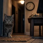 Est ce que les chats ont la notion du temps ? Chat près d’une porte, horloge et clés floues