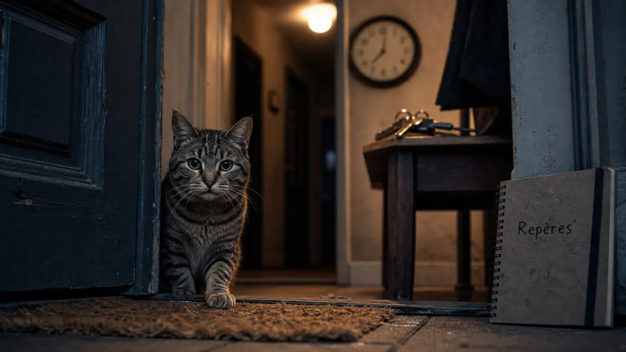 Est ce que les chats ont la notion du temps ? Chat près d’une porte, horloge et clés floues