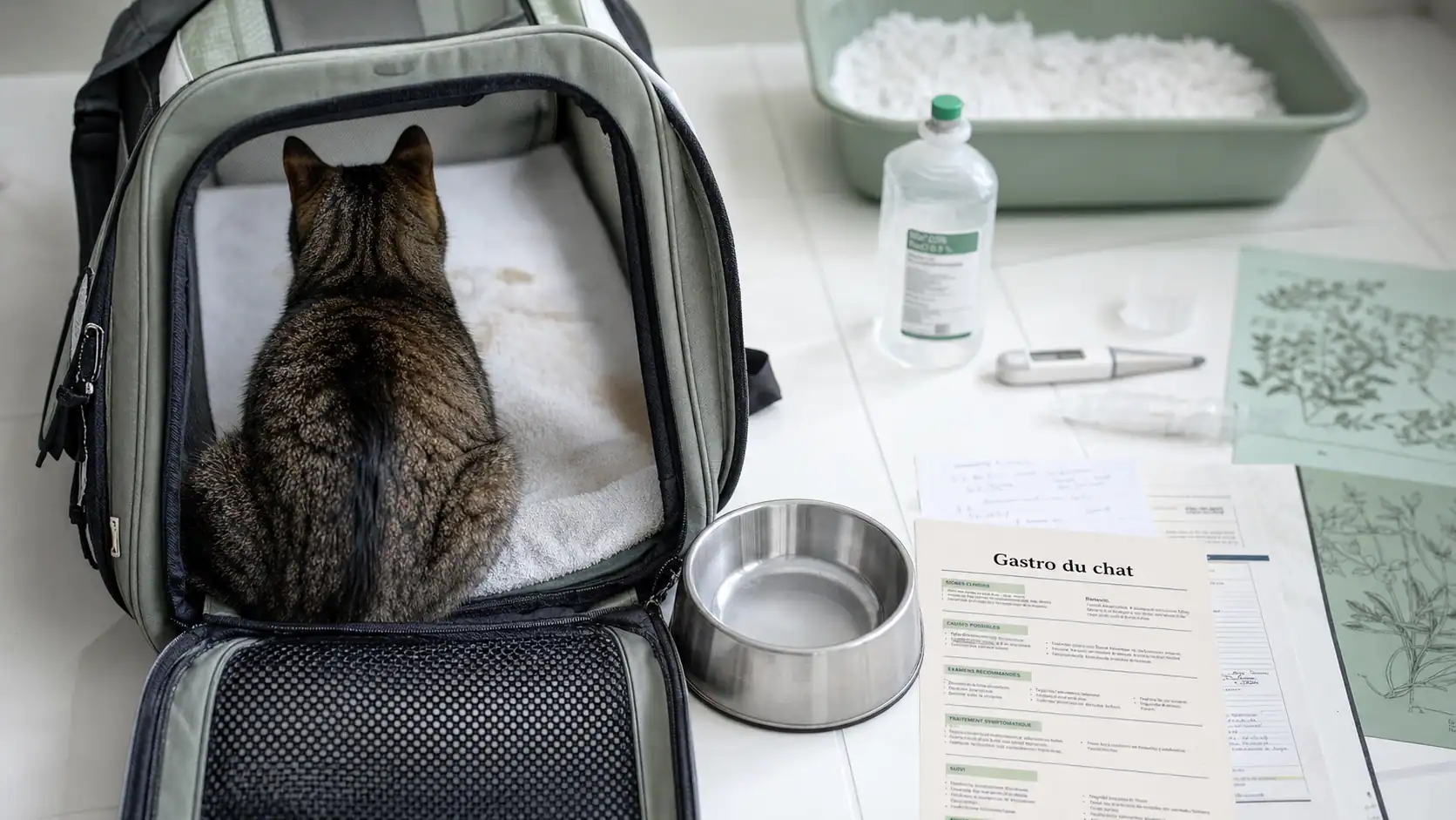 Gastro du chat : chat en caisse, contexte vétérinaire