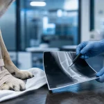 Ostéosarcome chien : patte immobilisée, radiographie en clinique vétérinaire