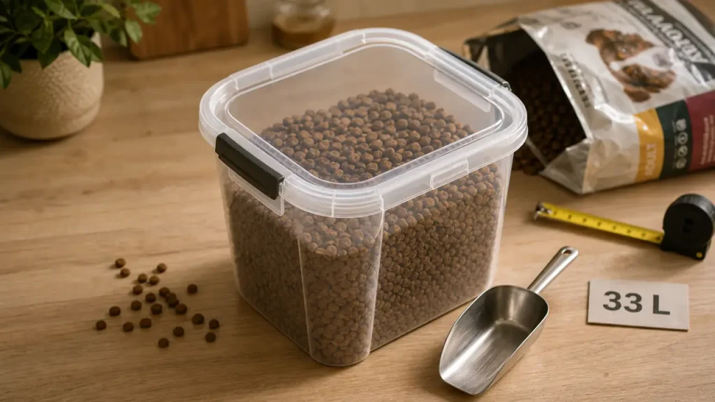 33 L, couvercle refermable et prix clair : choisir un seau pour croquettes chien sans mauvaise surprise