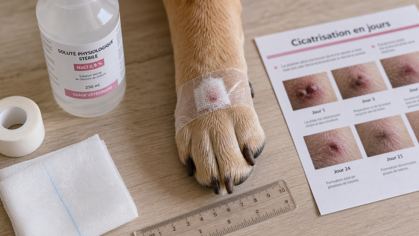 Temps cicatrisation plaie chien : 7 à 14 jours, bandage et compresse