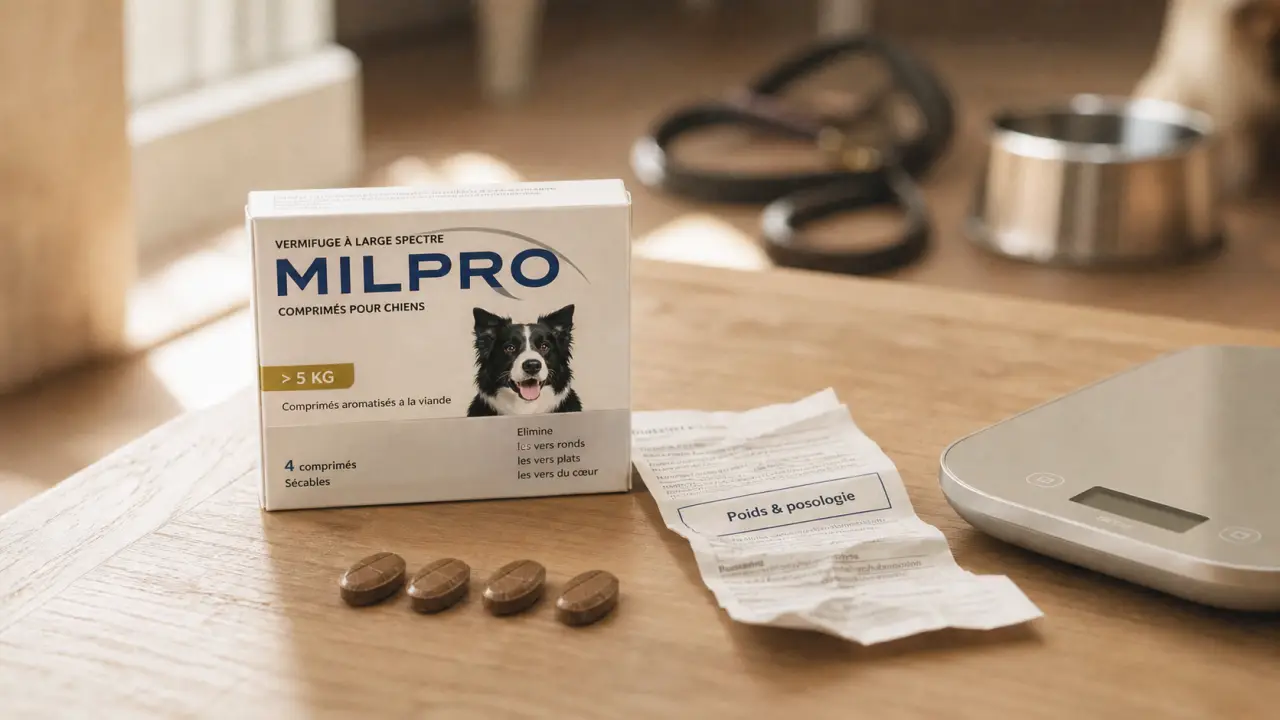 Vermifuge milpro près d’une balance et notice pour posologie