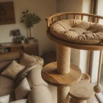 Arbre à chat bois près d’une baie vitrée, poteaux en sisal et bois massif