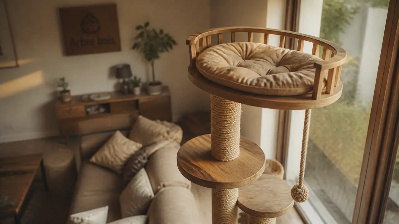 Arbre à chat bois près d’une baie vitrée, poteaux en sisal et bois massif