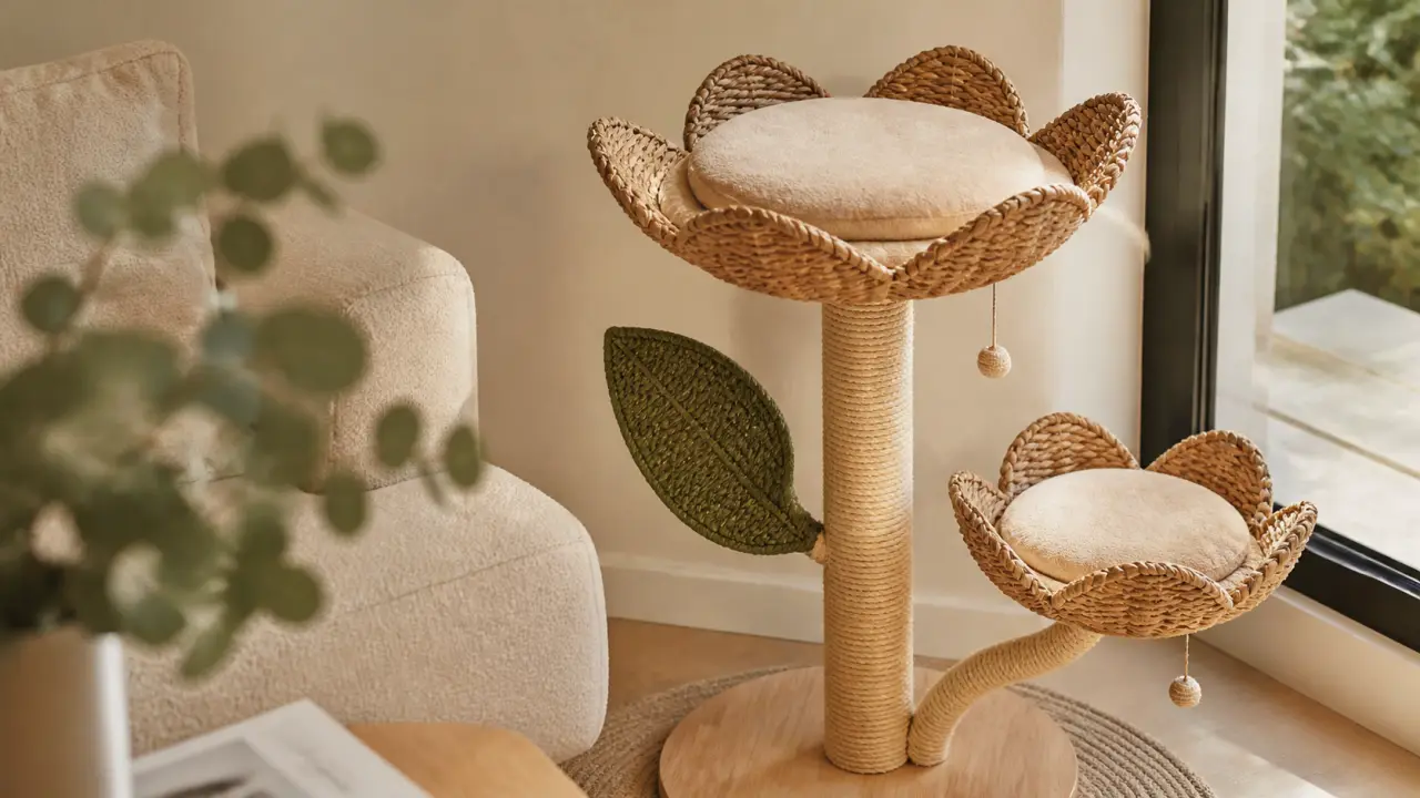 Arbre a chat fleur design floral en sisal près d’une fenêtre