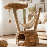 Arbre a chat osier en rotin tressé et hamac, décor scandinave lumineux