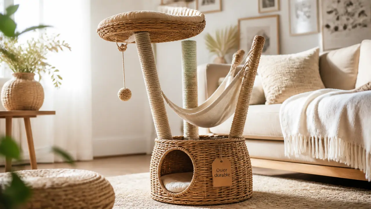 Arbre a chat osier en rotin tressé et hamac, décor scandinave lumineux