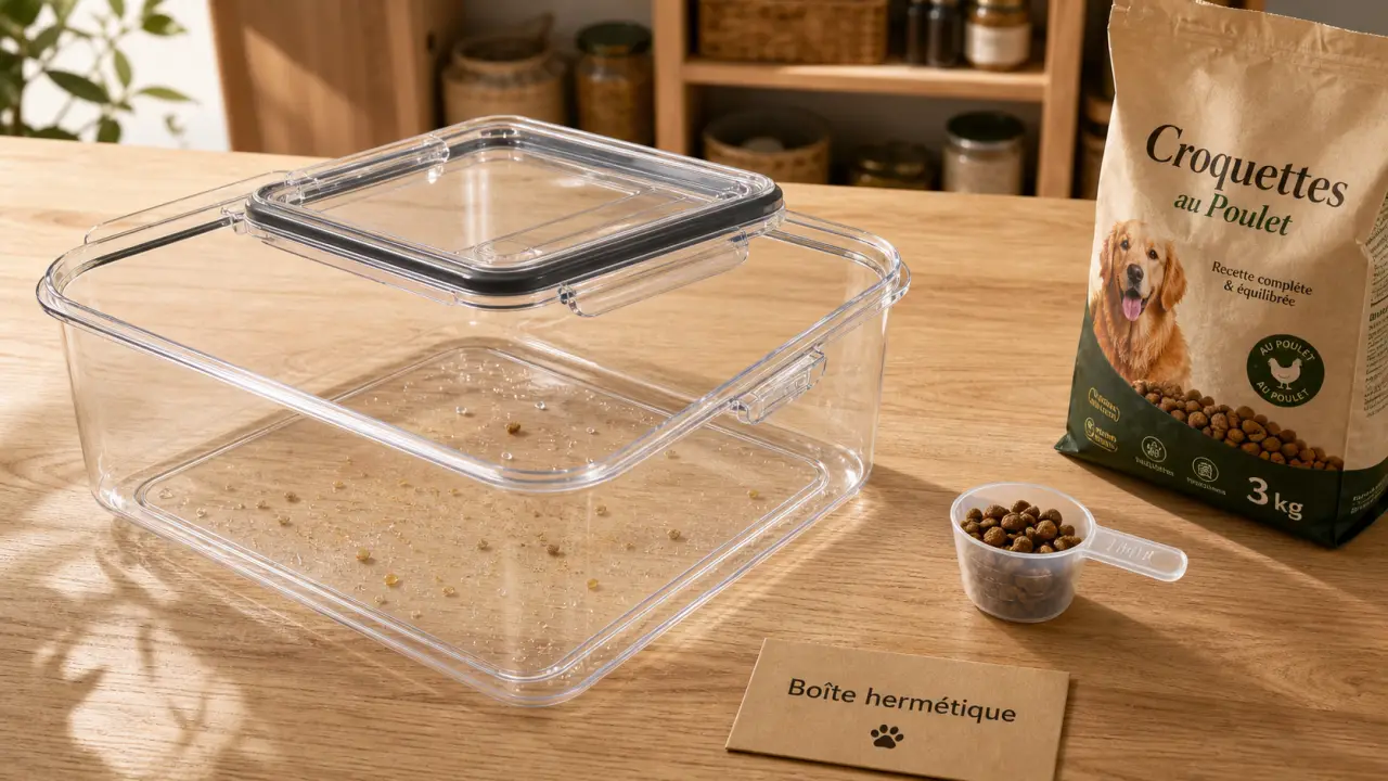 Boite à croquettes chien hermétique, capacité et joint silicone visibles