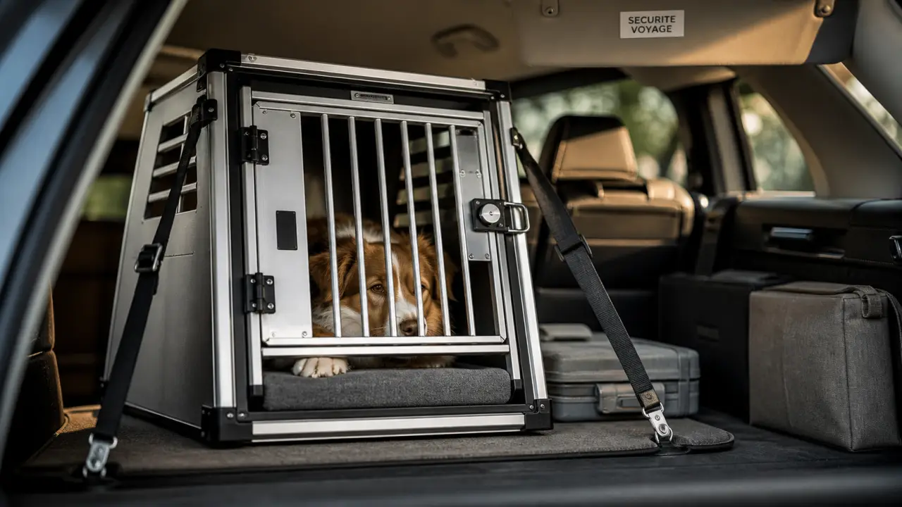 caisse de transport pour chien dans le coffre, sécurité voyage