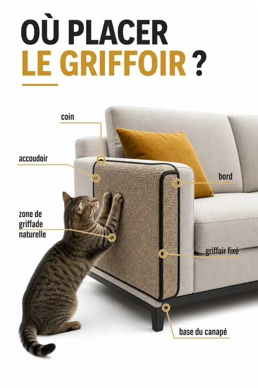 Griffoir chat canapé installé sur un accoudoir de canapé pour protéger les zones griffées