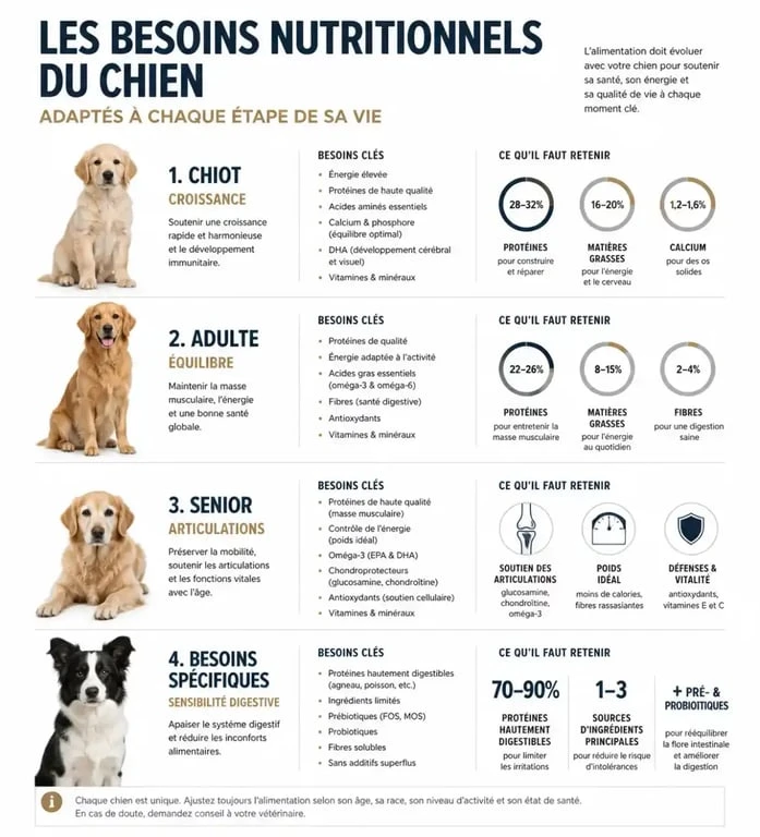 Infographie des besoins nutritionnels pour bien choisir ses croquettes pour chien chez Jardiland selon l'âge et la santé