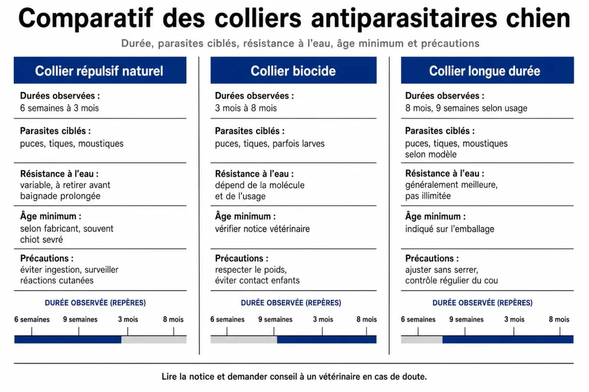 Collier antiparasitaire chien : comparatif visuel des types, de la durée et des précautions d’usage