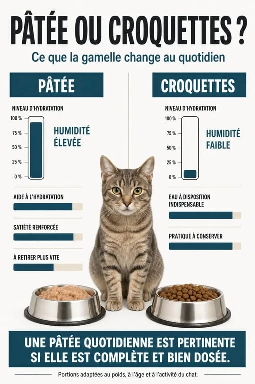 Faut-il donner de la pâtée au chat tous les jours : comparaison visuelle entre pâtée et croquettes avec humidité, satiété et hydratation