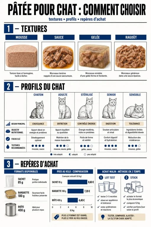Pâtée pour chat : visuel comparatif des textures, profils du chat et critères d’achat