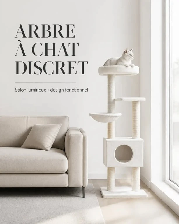 Arbre a chat blanc intégré dans un salon clair et déco lumineuse