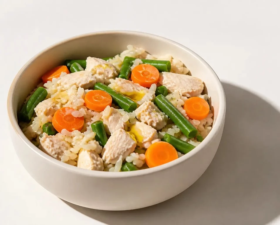 Cuisine pour chien : bol de repas maison santé avec poulet, riz, carottes et haricots verts