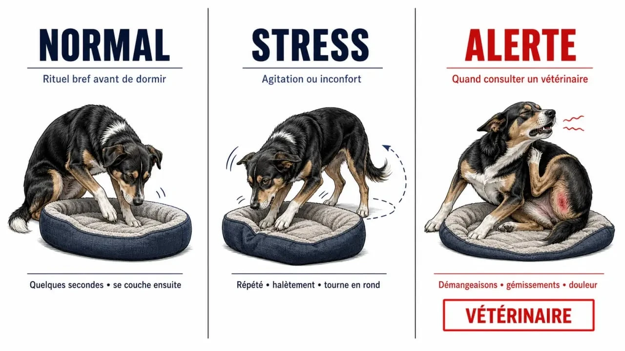 Pourquoi mon chien gratte son panier : infographie claire des causes normales, du stress et des signes d’alerte