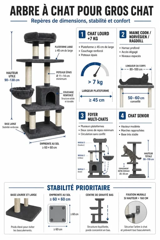 Arbre à chat pour gros chat : infographie des dimensions et critères de stabilité