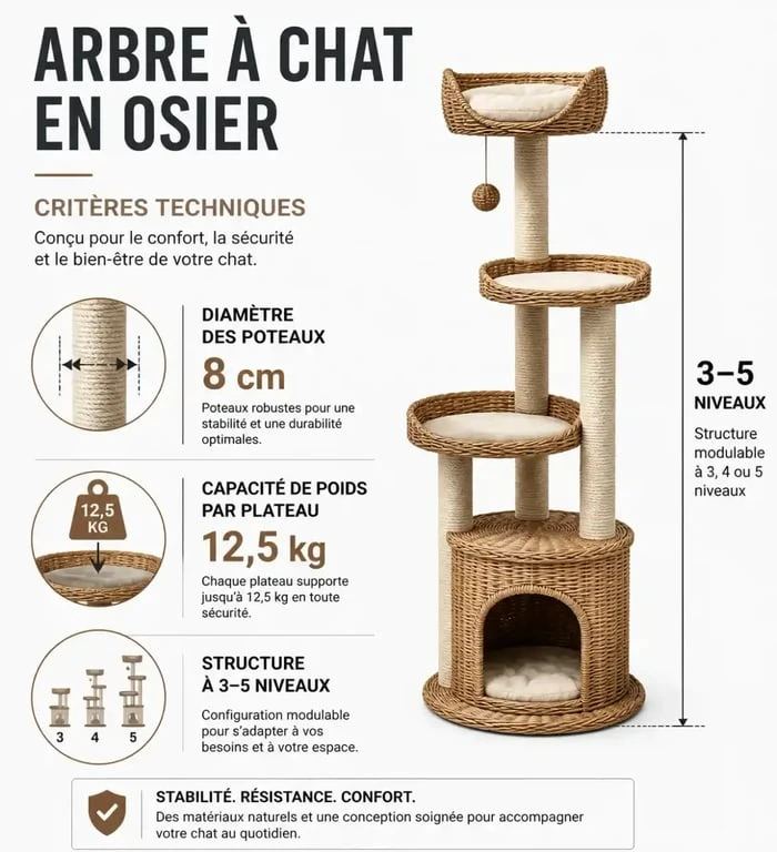 Infographie des critères techniques pour choisir un arbre à chat en osier durable