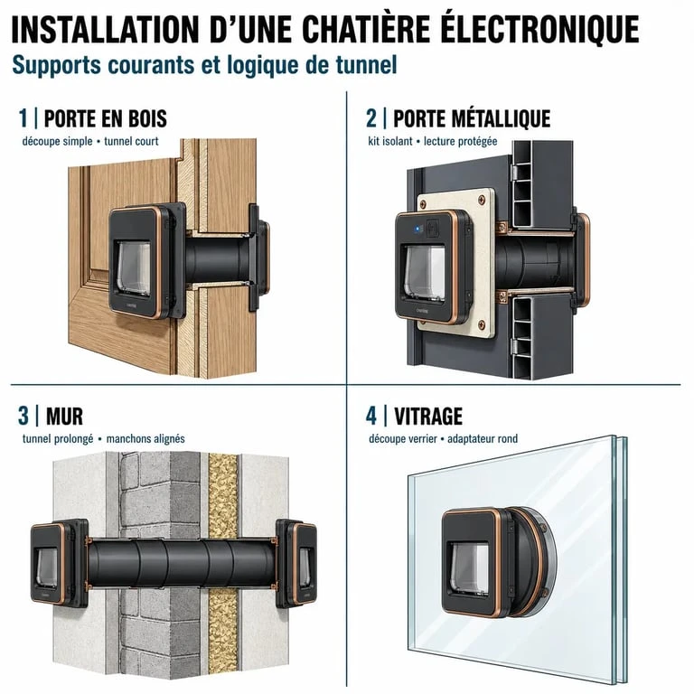 Installation d’une chatière électronique sur porte, mur et vitrage