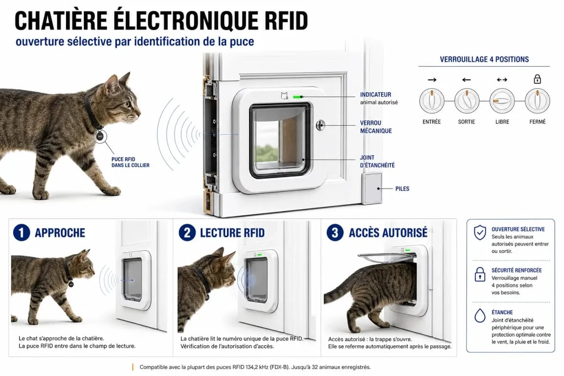 Schéma d’une chatière électronique à puce RFID laissant passer uniquement le chat autorisé