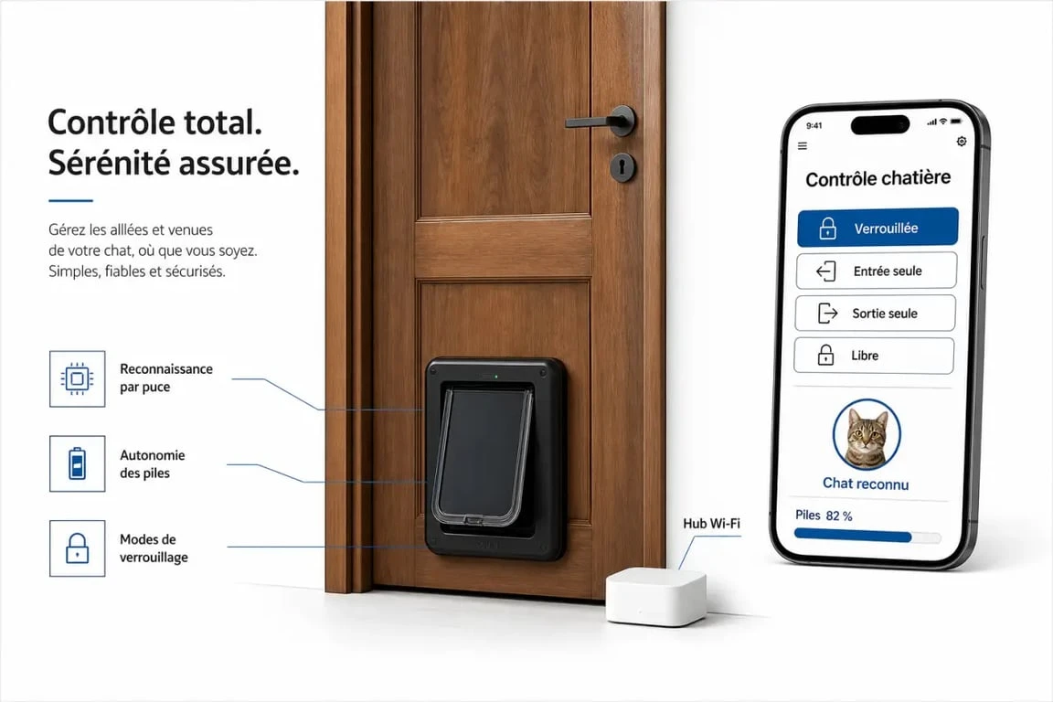 Chatière connectée installée sur une porte avec smartphone et hub Wi‑Fi, modes de verrouillage et puce RFID