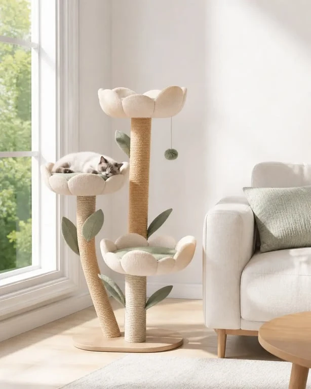 Arbre a chat fleur décoratif intégré dans un salon lumineux avec paniers-pétales et sisal naturel