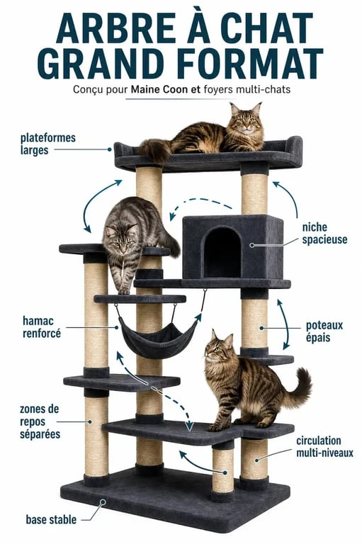 Arbre a chat grand adapté à un Maine Coon et à plusieurs chats avec plateformes larges
