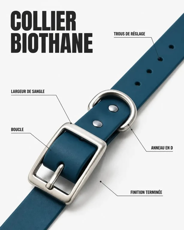 Collier biothane chien terminé avec trous de réglage, boucle et anneau en D