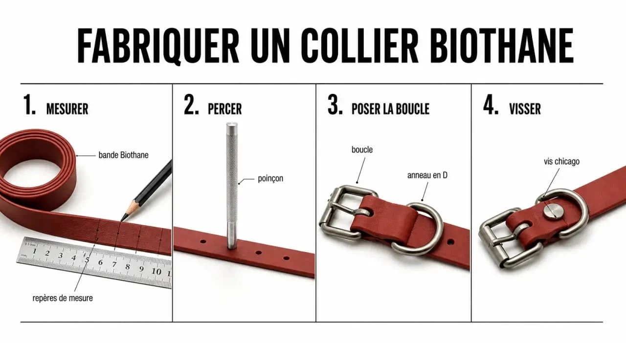 Collier biothane chien en fabrication avec boucle, anneau en D et repères de mesure