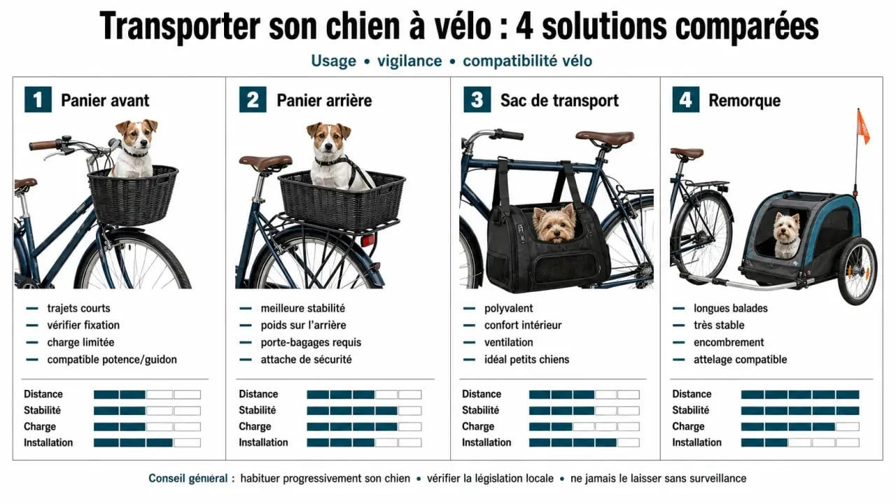 Comparatif panier chien velo entre panier avant, panier arrière, sac de transport et remorque