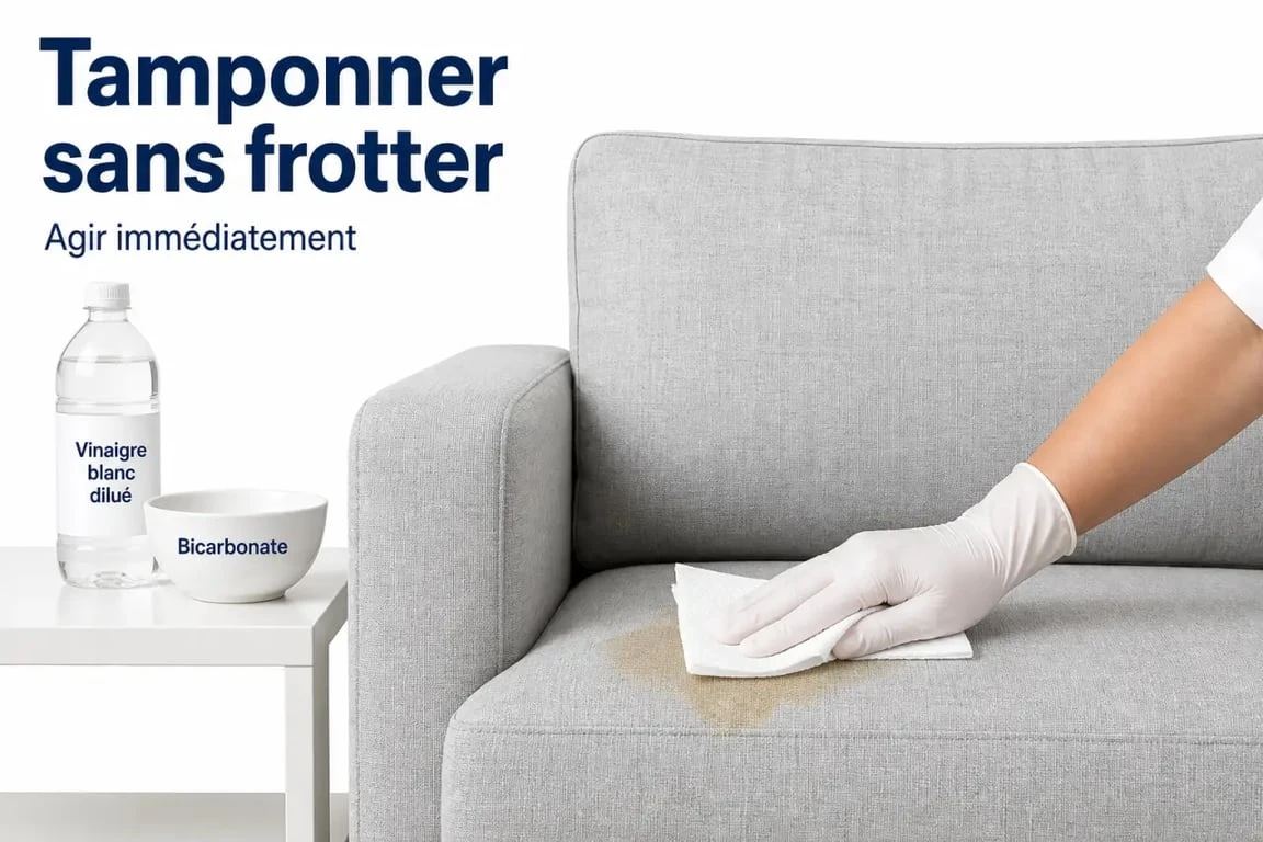 Enlever odeur urine chat sur canapé avec tamponnage rapide, vinaigre dilué et bicarbonate