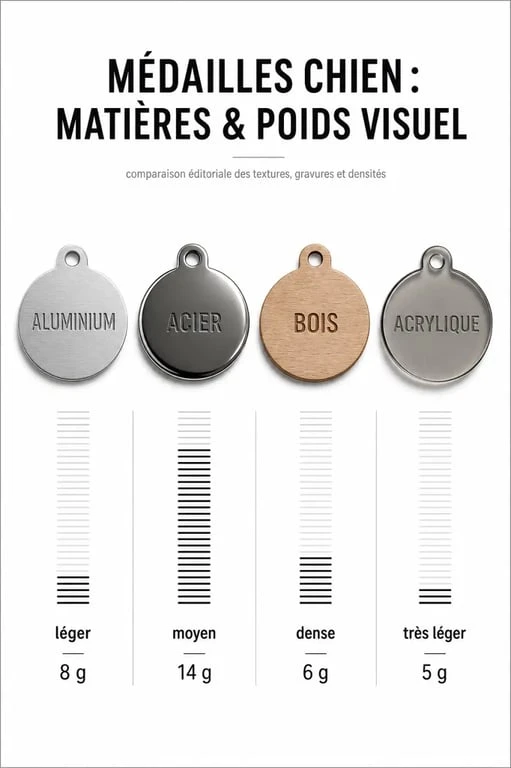 Comparaison visuelle des matières d’une médaille chien entre aluminium, acier, bois et acrylique